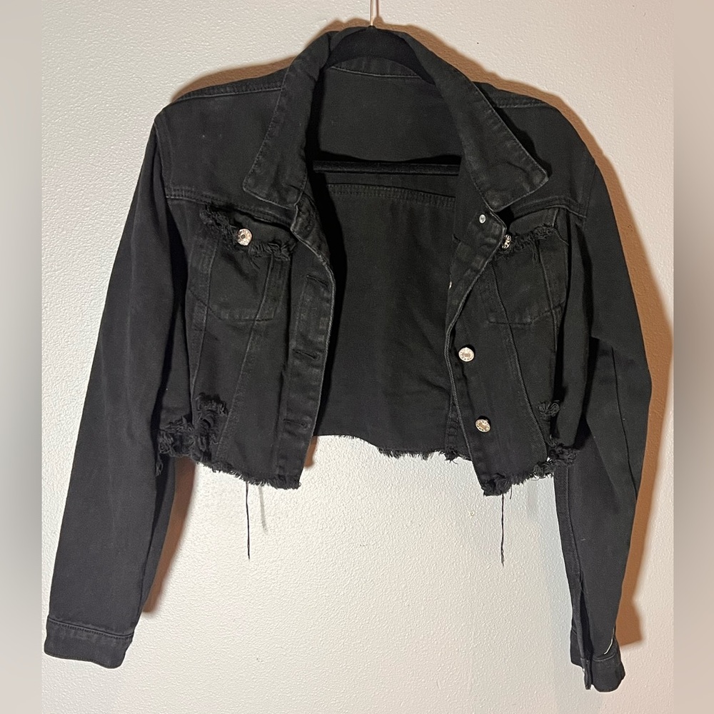 SHEIN Black Cropped Denim Jacket Sz M